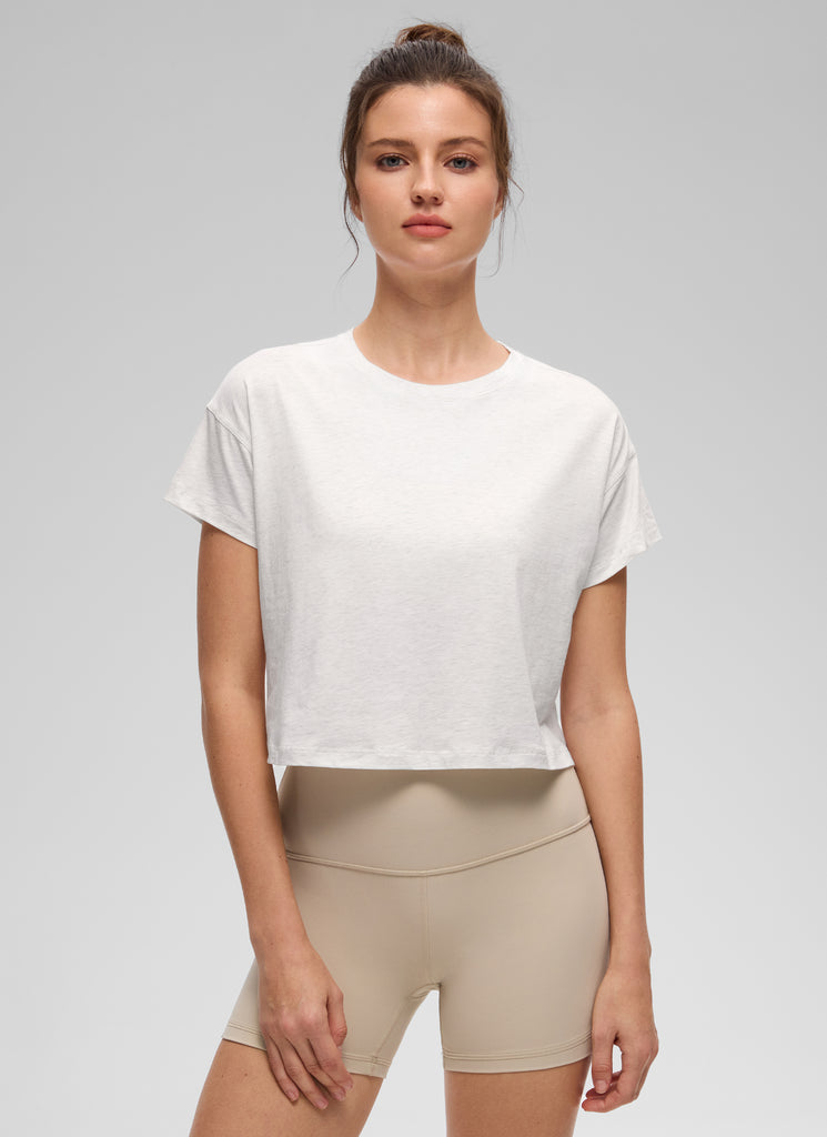 CRZ YOGA Women's Yoga Relaxed Fit Shirt Pima Cotton Crop Short Sleeves purple gray