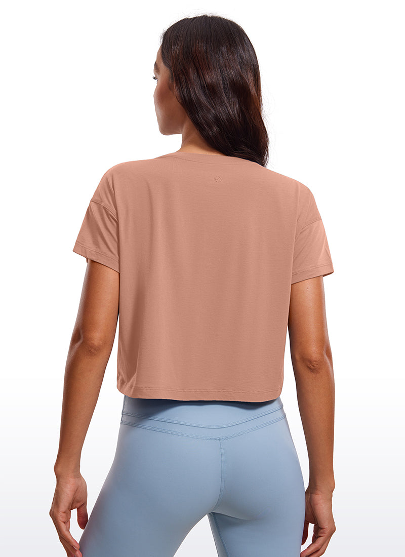 CRZ YOGA Women's Yoga Relaxed Fit Shirt Pima Cotton Crop Short Sleeves White Apricot