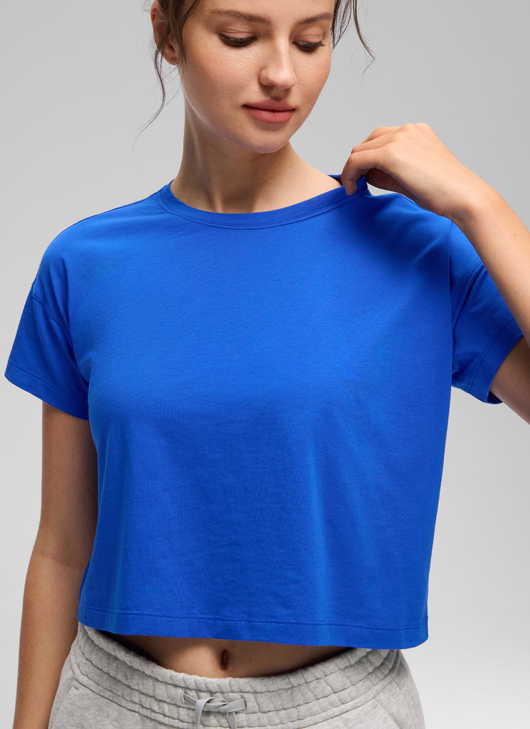 CRZ YOGA Women's Yoga Relaxed Fit Shirt Pima Cotton Crop Short Sleeves Strong Blue