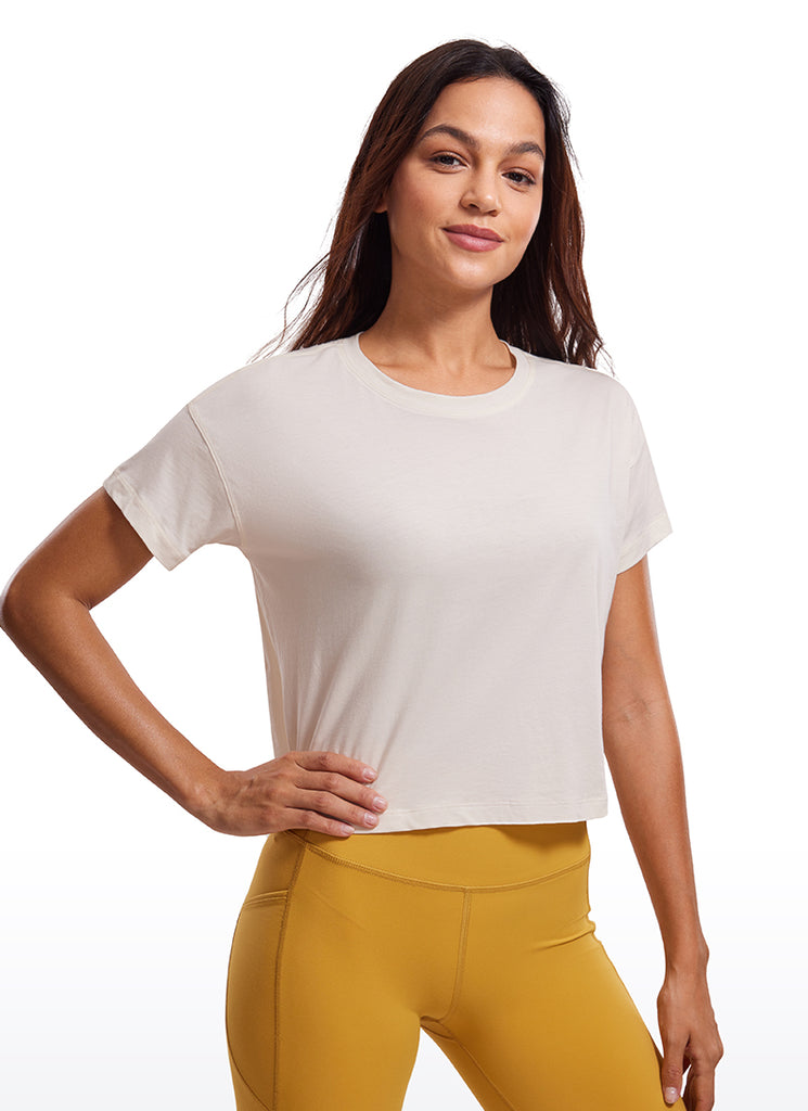 CRZ YOGA Women's Yoga Relaxed Fit Shirt Pima Cotton Crop Short Sleeves White Apricot