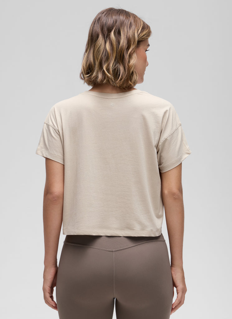 CRZ YOGA Women's Yoga Relaxed Fit Shirt Pima Cotton Crop Short Sleeves Smoky Blush