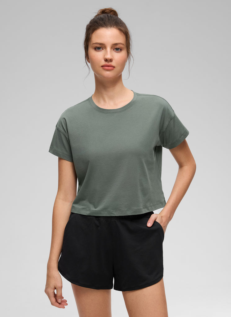 CRZ YOGA Women's Yoga Relaxed Fit Shirt Pima Cotton Crop Short Sleeves Jade Grey