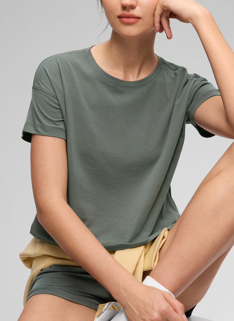 CRZ YOGA Women's Yoga Relaxed Fit Shirt Pima Cotton Crop Short Sleeves Jade Grey