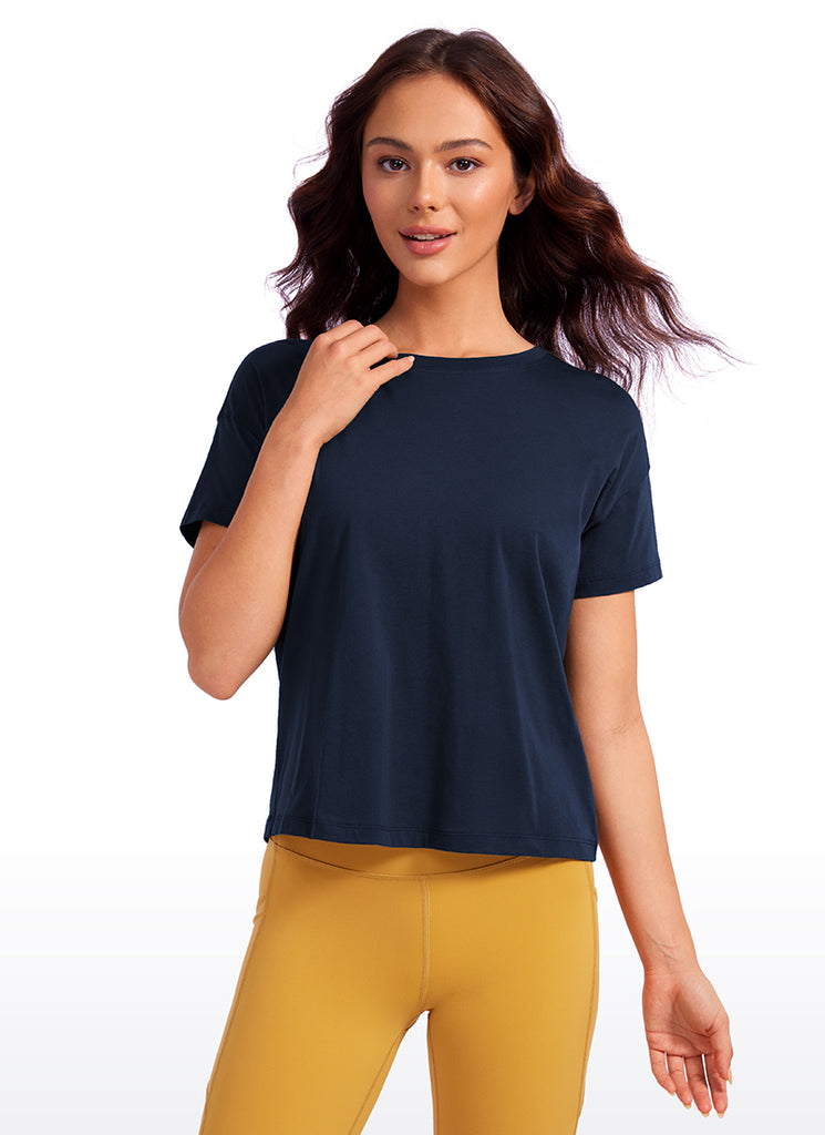 CRZ YOGA Women's Yoga Loose Fit Shirt Pima Cotton Short Sleeves Iced Iris