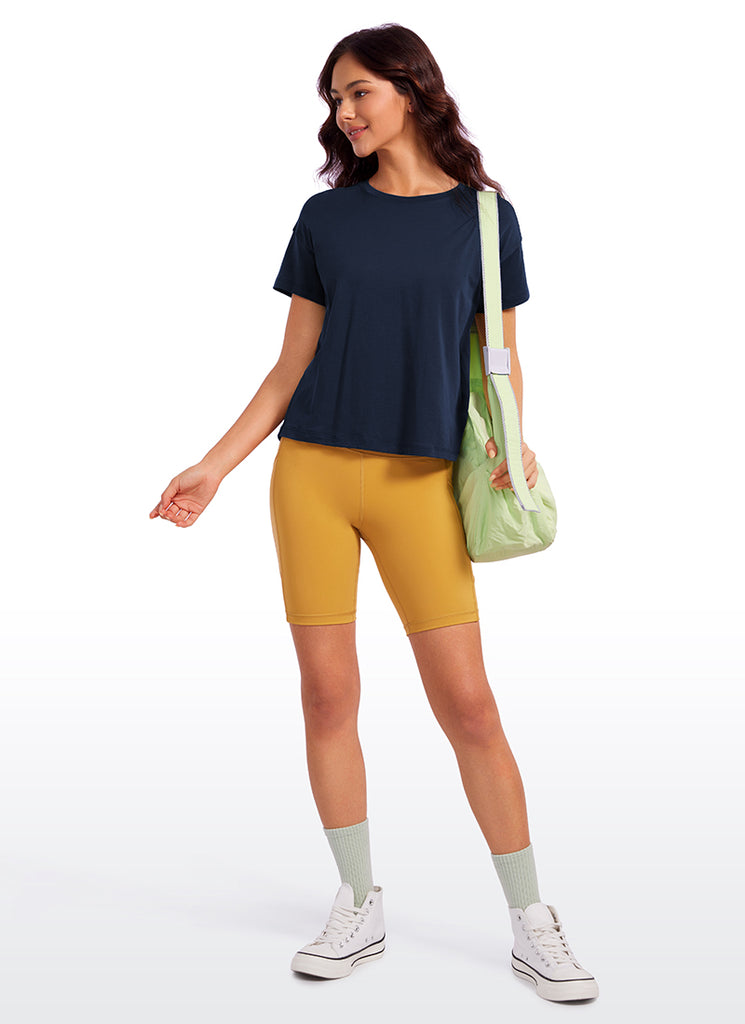 CRZ YOGA Women's Yoga Loose Fit Shirt Pima Cotton Short Sleeves Navy