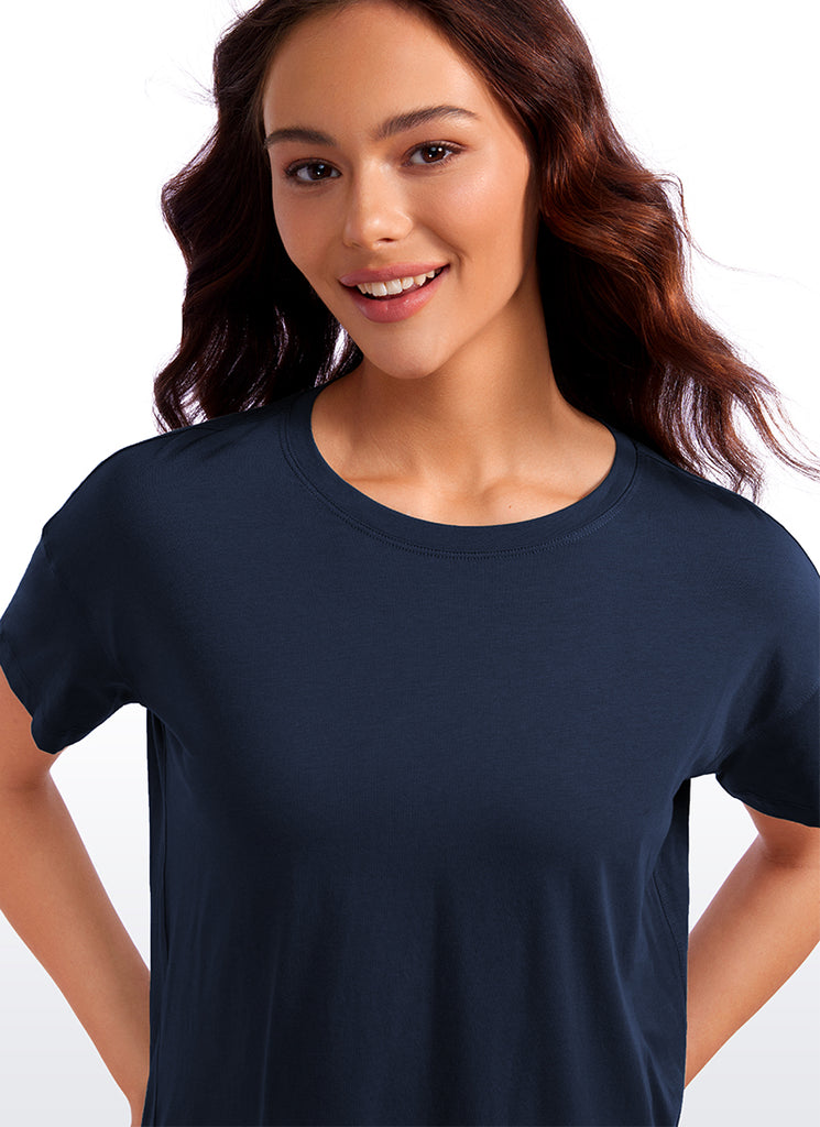 CRZ YOGA Women's Yoga Loose Fit Shirt Pima Cotton Short Sleeves Navy