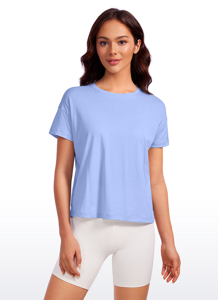 CRZ YOGA Women's Yoga Loose Fit Shirt Pima Cotton Short Sleeves Navy