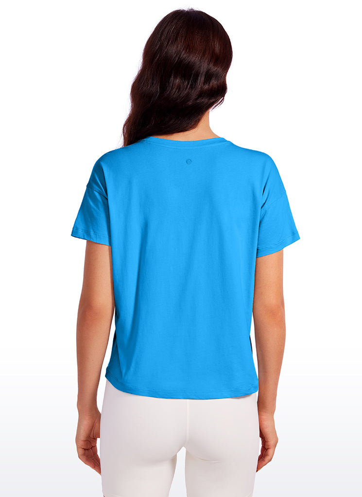 CRZ YOGA Women's Yoga Loose Fit Shirt Pima Cotton Short Sleeves Strong Blue