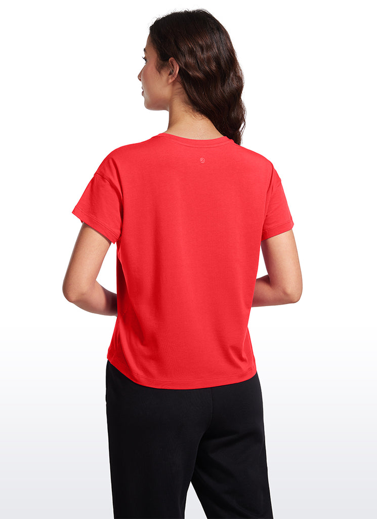 CRZ YOGA Women's Yoga Loose Fit Shirt Pima Cotton Short Sleeves Madagascar Blue