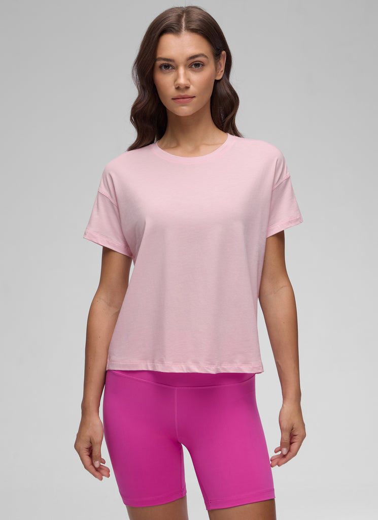CRZ YOGA Women's Yoga Loose Fit Shirt Pima Cotton Short Sleeves Strawberry Pink