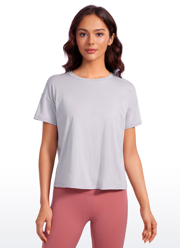 CRZ YOGA Women's Yoga Loose Fit Shirt Pima Cotton Short Sleeves Iced Iris