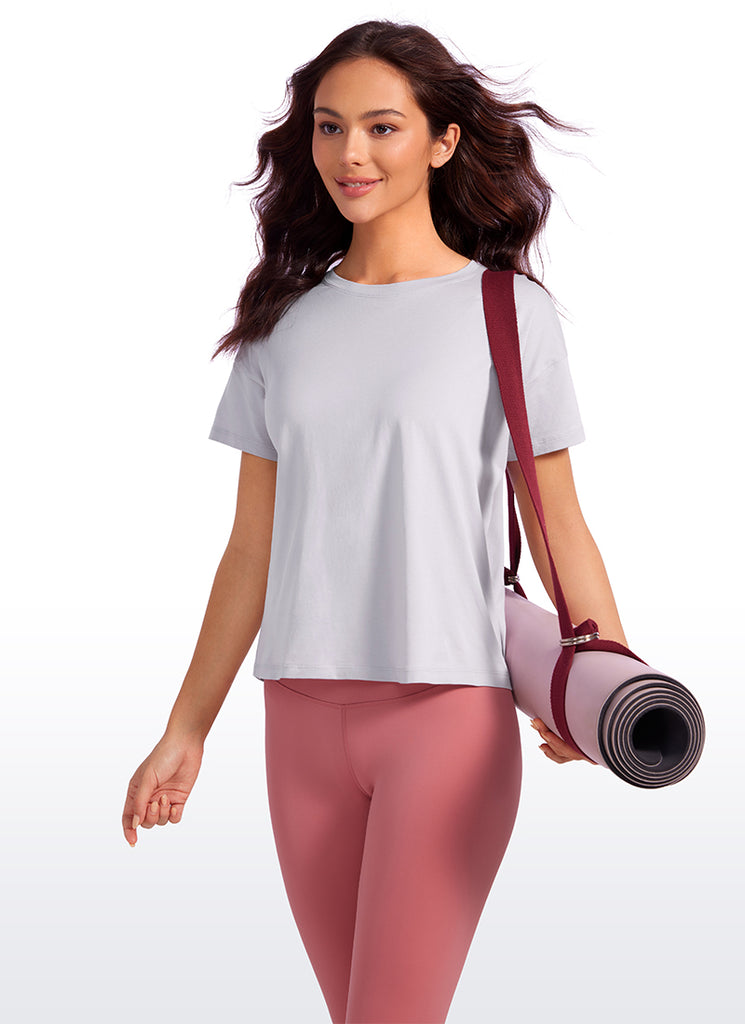 CRZ YOGA Women's Yoga Loose Fit Shirt Pima Cotton Short Sleeves Iced Iris