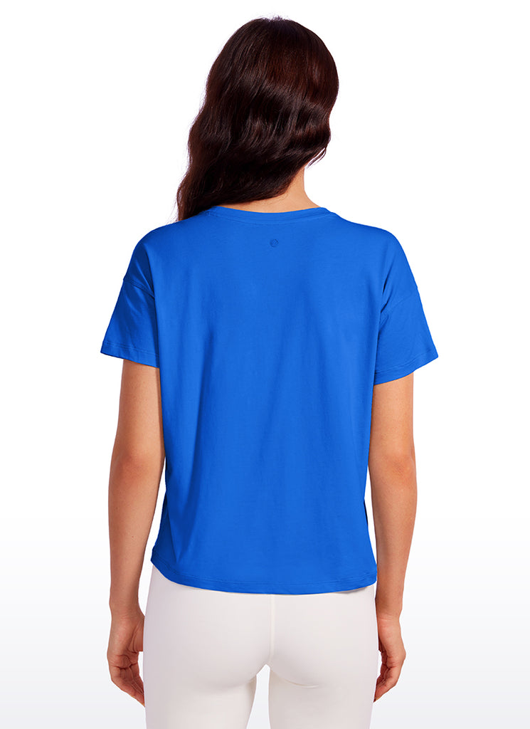 CRZ YOGA Women's Yoga Loose Fit Shirt Pima Cotton Short Sleeves Strong Blue