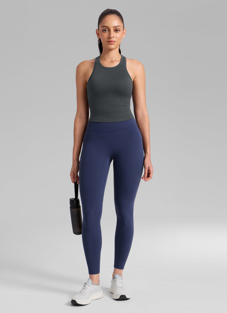 CRZ YOGA Women's Yoga Slim Fit Tops Seamless Longline Tank High Neck Mysterious Grey