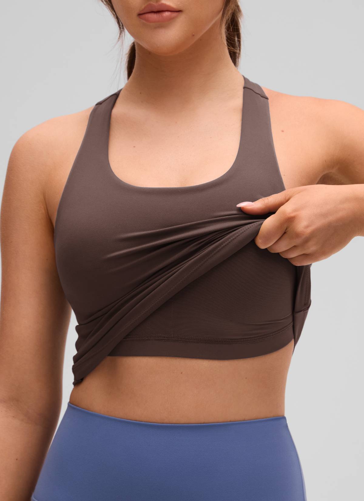 CRZ YOGA Women's Yoga Tight Fit Tops Butterluxe Built-in Bra Tank Hot Fudge Brown @model_info:Brooklyn