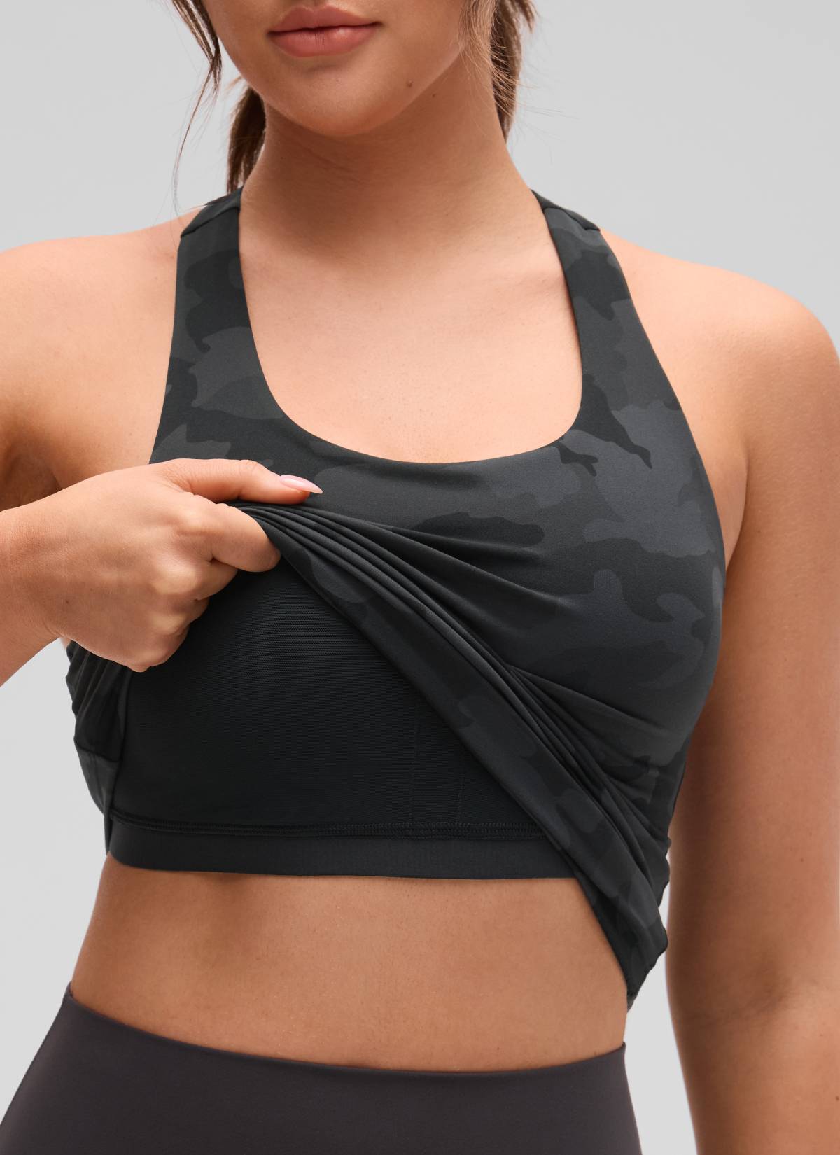 CRZ YOGA Women's Yoga Tight Fit Tops Butterluxe Built-in Bra Tank Dark Grey Camouflage 2 @model_info:Brooklyn