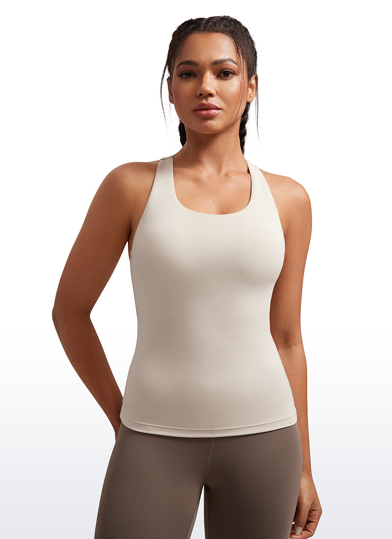 CRZ YOGA Women's Yoga Tight Fit Tops Butterluxe Built-in Bra Tank Mojave Tan @model_info:Mariana