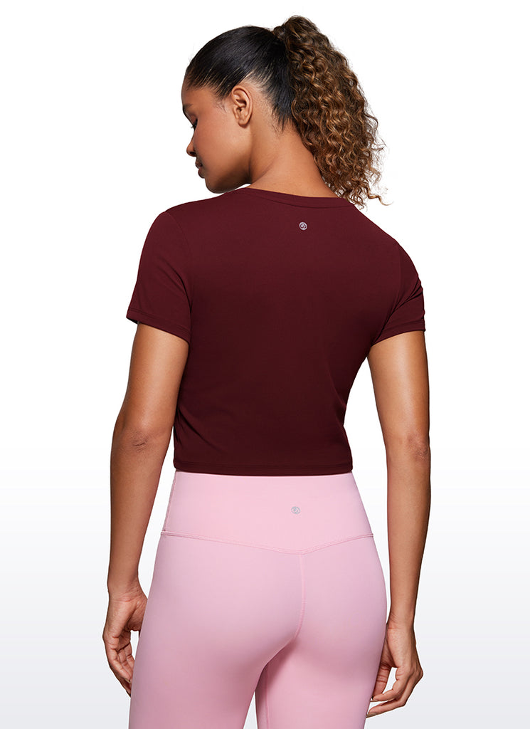 CRZ YOGA Women's Yoga Classic Fit Top Butterluxe Cropped Short Sleeves Red Merlot