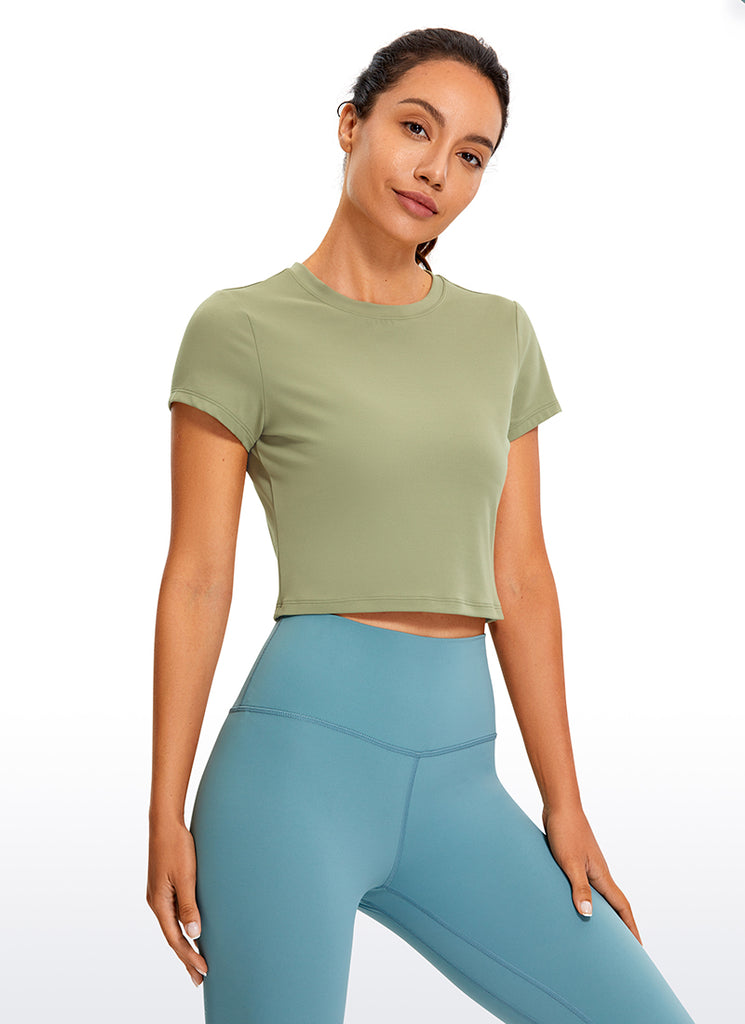 CRZ YOGA Women's Yoga Classic Fit Top Butterluxe Cropped Short Sleeves Moss Green
