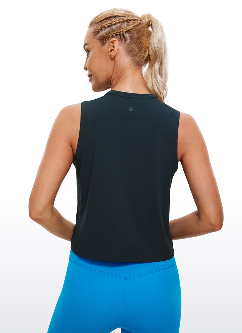 CRZ YOGA Women's Yoga Loose Fit Top Pima Cotton Crop Tank High Neck True Navy
