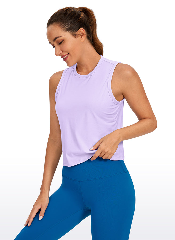 CRZ YOGA Women's Yoga Loose Fit Top Pima Cotton Crop Tank High Neck Blue Linen