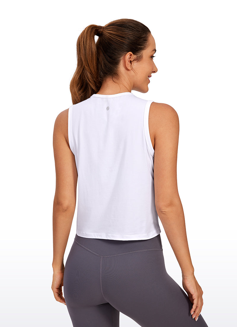 CRZ YOGA Women's Yoga Loose Fit Top Pima Cotton Crop Tank High Neck White