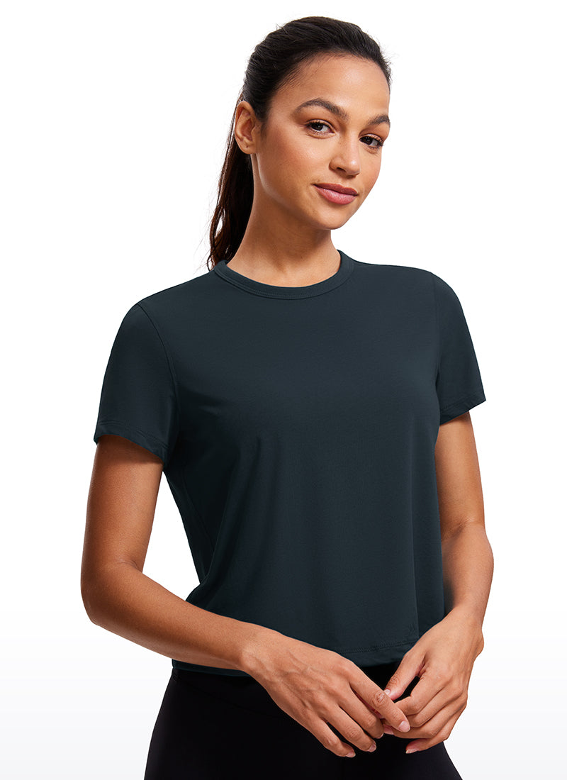 CRZ YOGA Women's Yoga Classic Fit Pima Cotton Short Sleeves High Neck True Navy