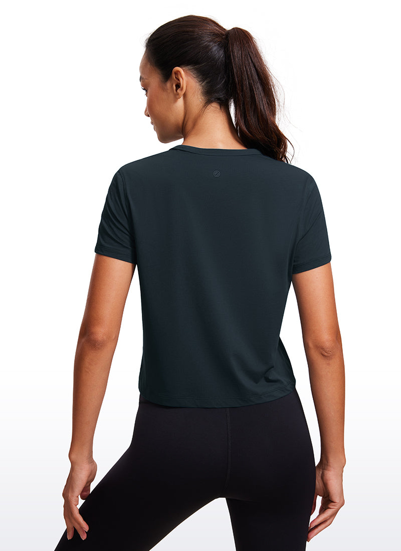 CRZ YOGA Women's Yoga Classic Fit Pima Cotton Short Sleeves High Neck True Navy