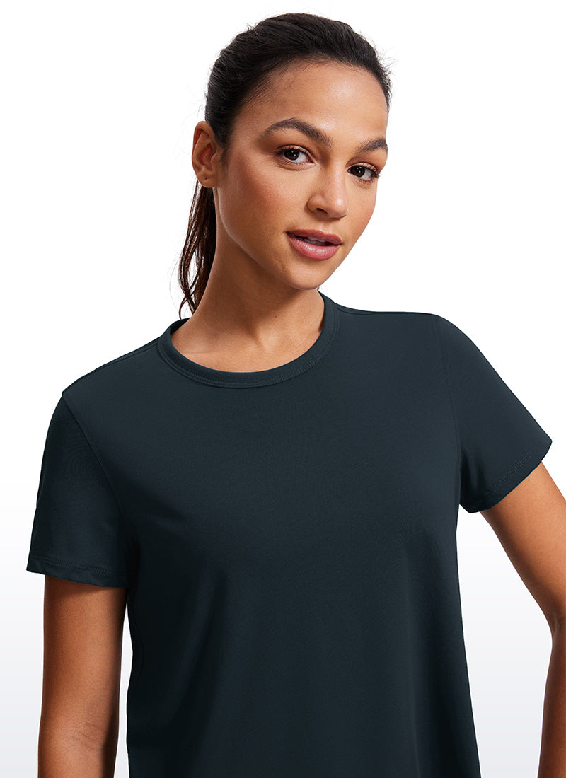 CRZ YOGA Women's Yoga Classic Fit Pima Cotton Short Sleeves High Neck True Navy