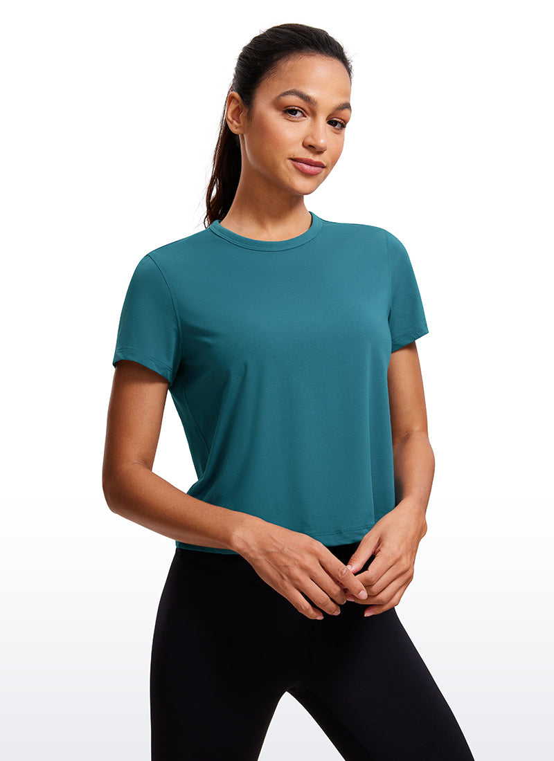 CRZ YOGA Women's Yoga Classic Fit Pima Cotton Short Sleeves High Neck Borealis Green