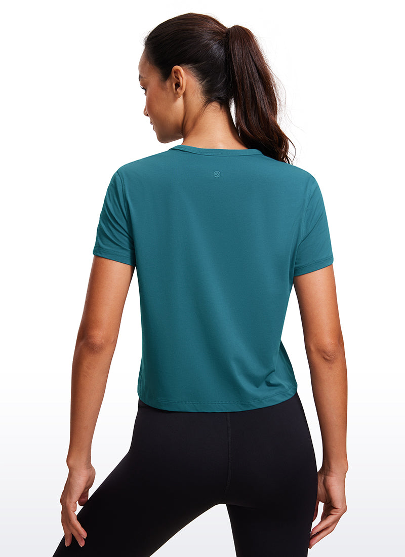 CRZ YOGA Women's Yoga Classic Fit Pima Cotton Short Sleeves High Neck Borealis Green