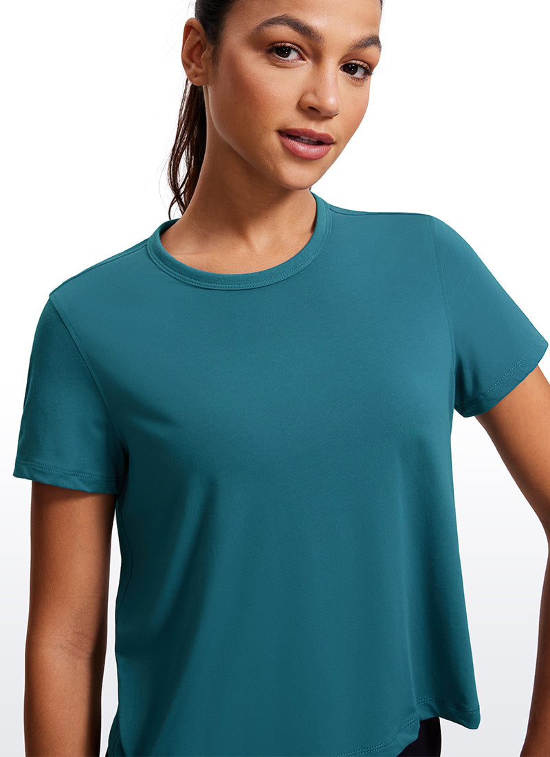 CRZ YOGA Women's Yoga Classic Fit Pima Cotton Short Sleeves High Neck Borealis Green
