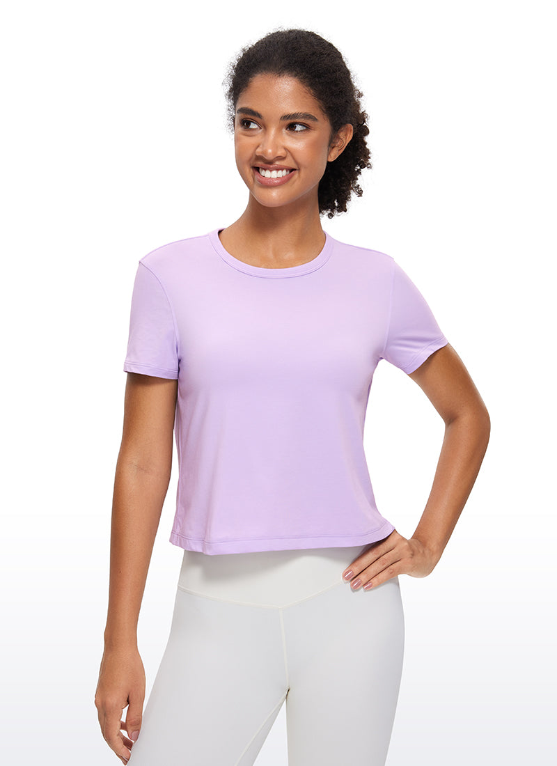 CRZ YOGA Women's Yoga Classic Fit Pima Cotton Short Sleeves High Neck Elfin Purple