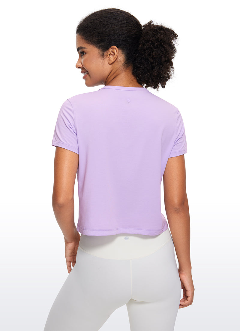 CRZ YOGA Women's Yoga Classic Fit Pima Cotton Short Sleeves High Neck Elfin Purple