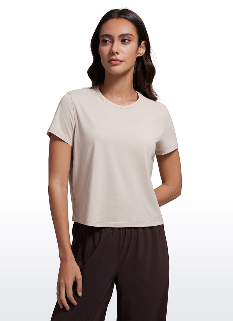 CRZ YOGA Women's Yoga Classic Fit Pima Cotton Short Sleeves High Neck Mojave Tan
