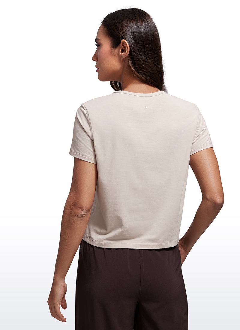 CRZ YOGA Women's Yoga Classic Fit Pima Cotton Short Sleeves High Neck Mojave Tan