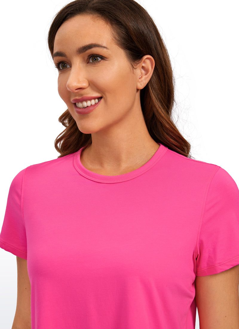 CRZ YOGA Women's Yoga Classic Fit Pima Cotton Short Sleeves High Neck Sonic Pink