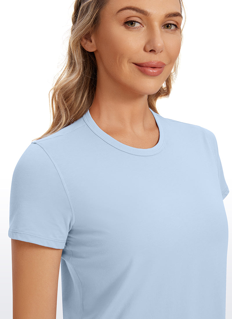 CRZ YOGA Women's Yoga Classic Fit Pima Cotton Short Sleeves High Neck Blue Linen