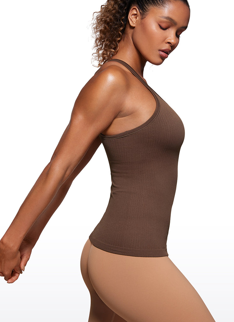 CRZ YOGA Women's Yoga Slim Fit Tops Seamless Longline Tank Crew Neck Coffee Brown