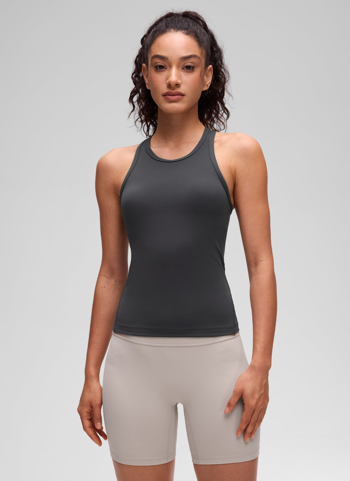 CRZ YOGA Women's Yoga Tight Fit Tops Butterluxe Tank Top High Neck Mysterious Grey @model_info:Larissa