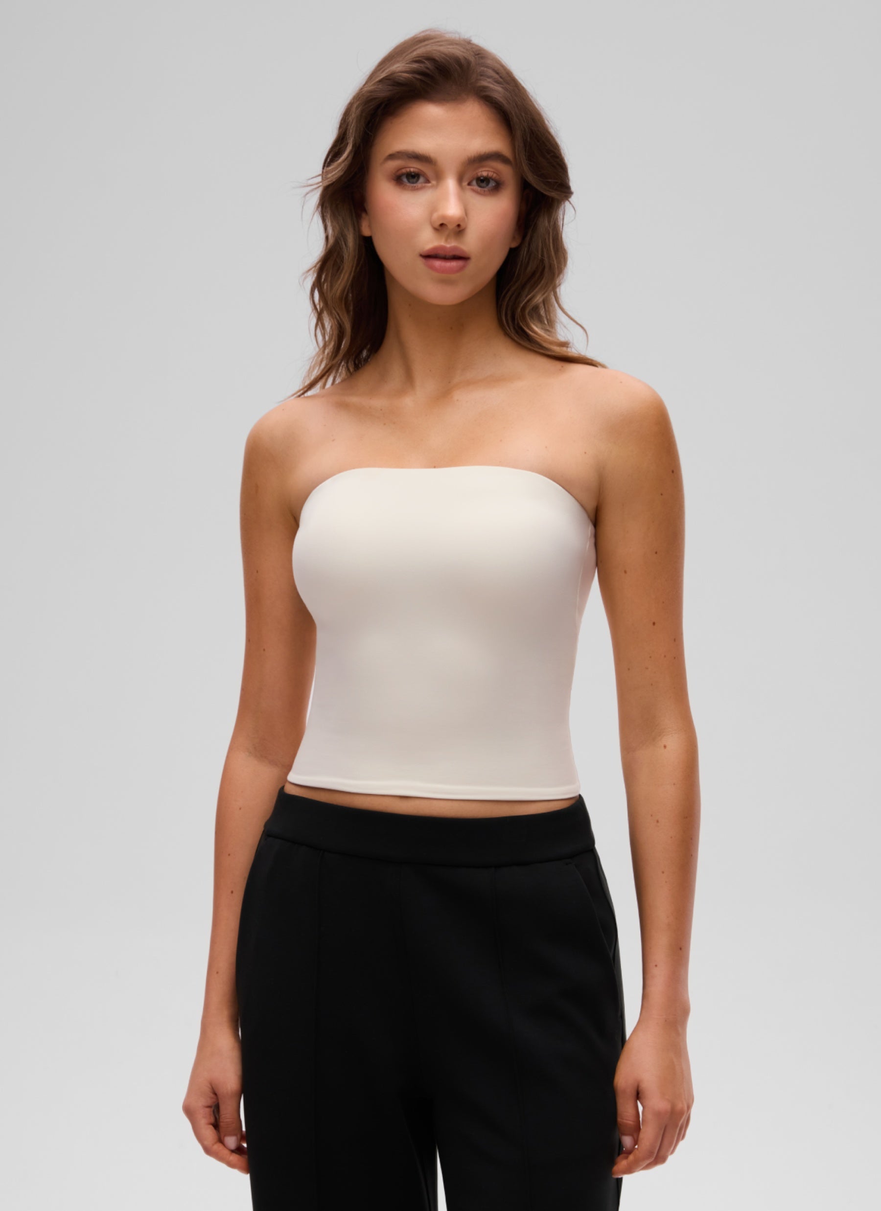 CRZ YOGA Women's Casual Butterluxe Tight Fit Strapless Tops White Apricot @model_info:K
