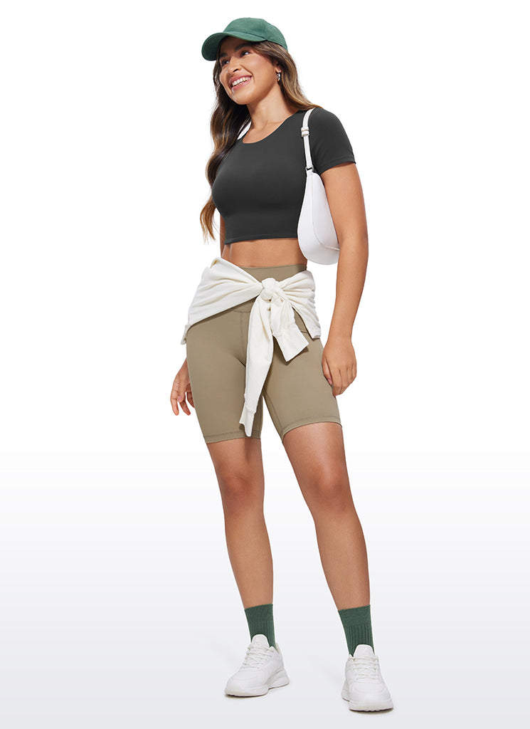 CRZ YOGA Women's Yoga Tight Fit Butterluxe Cropped Short Sleeves Taupe