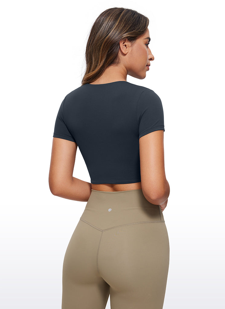 CRZ YOGA Women's Yoga Tight Fit Butterluxe Cropped Short Sleeves White