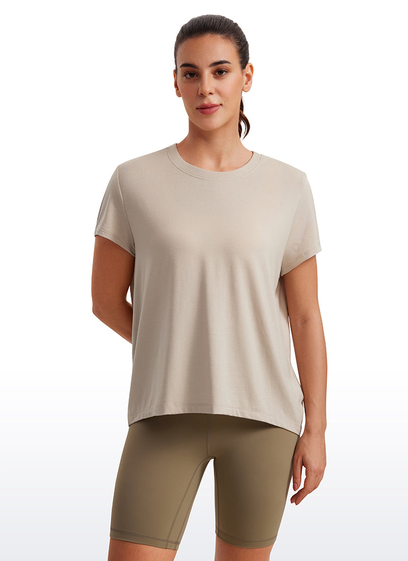 CRZ YOGA Women's Yoga Loose Fit Flowy Short Sleeves Crew Neck Mojave Tan