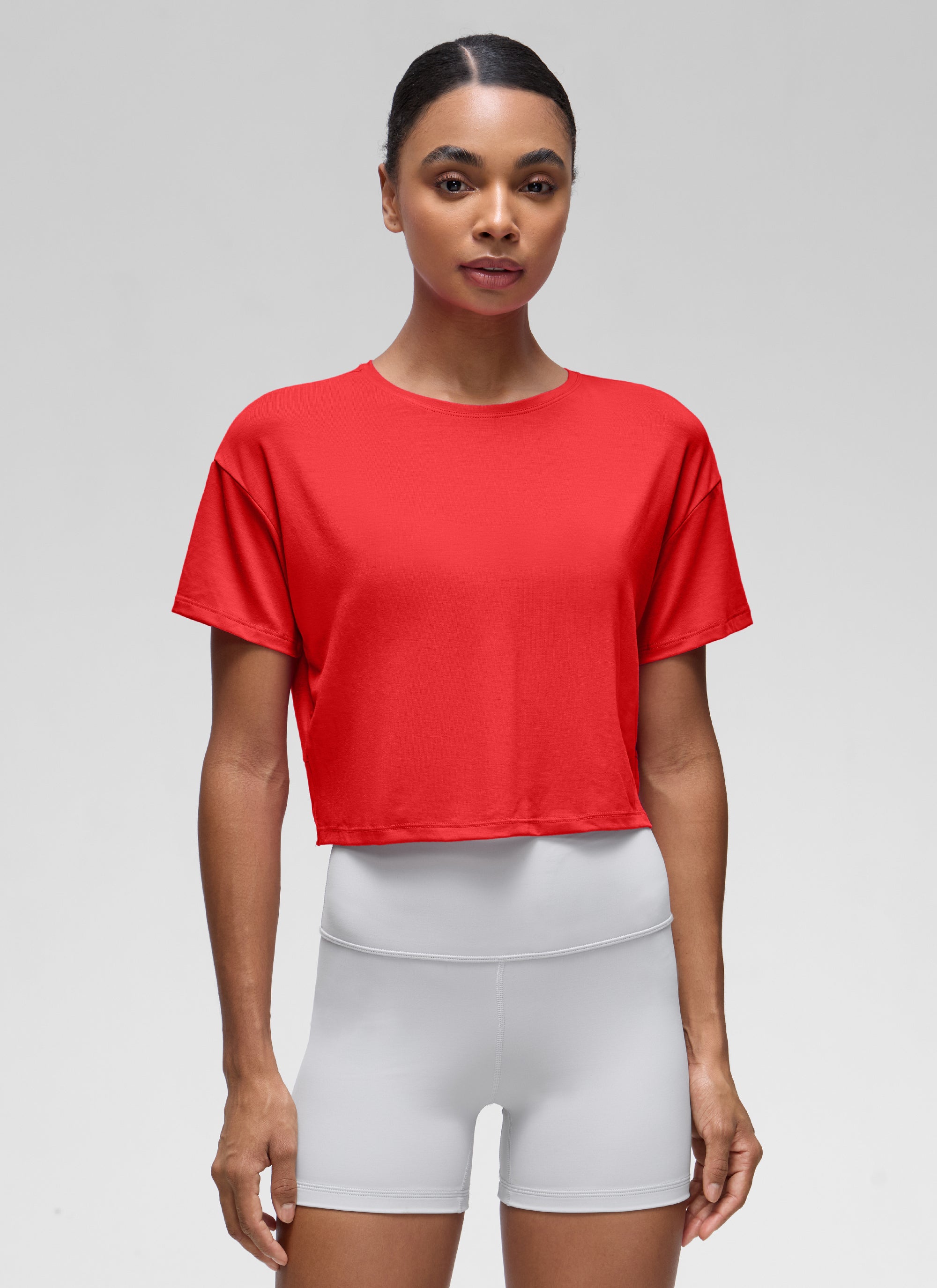 CRZ YOGA Women's Yoga Relaxed Fit Cropped Open Back Short Sleeves Deep Red