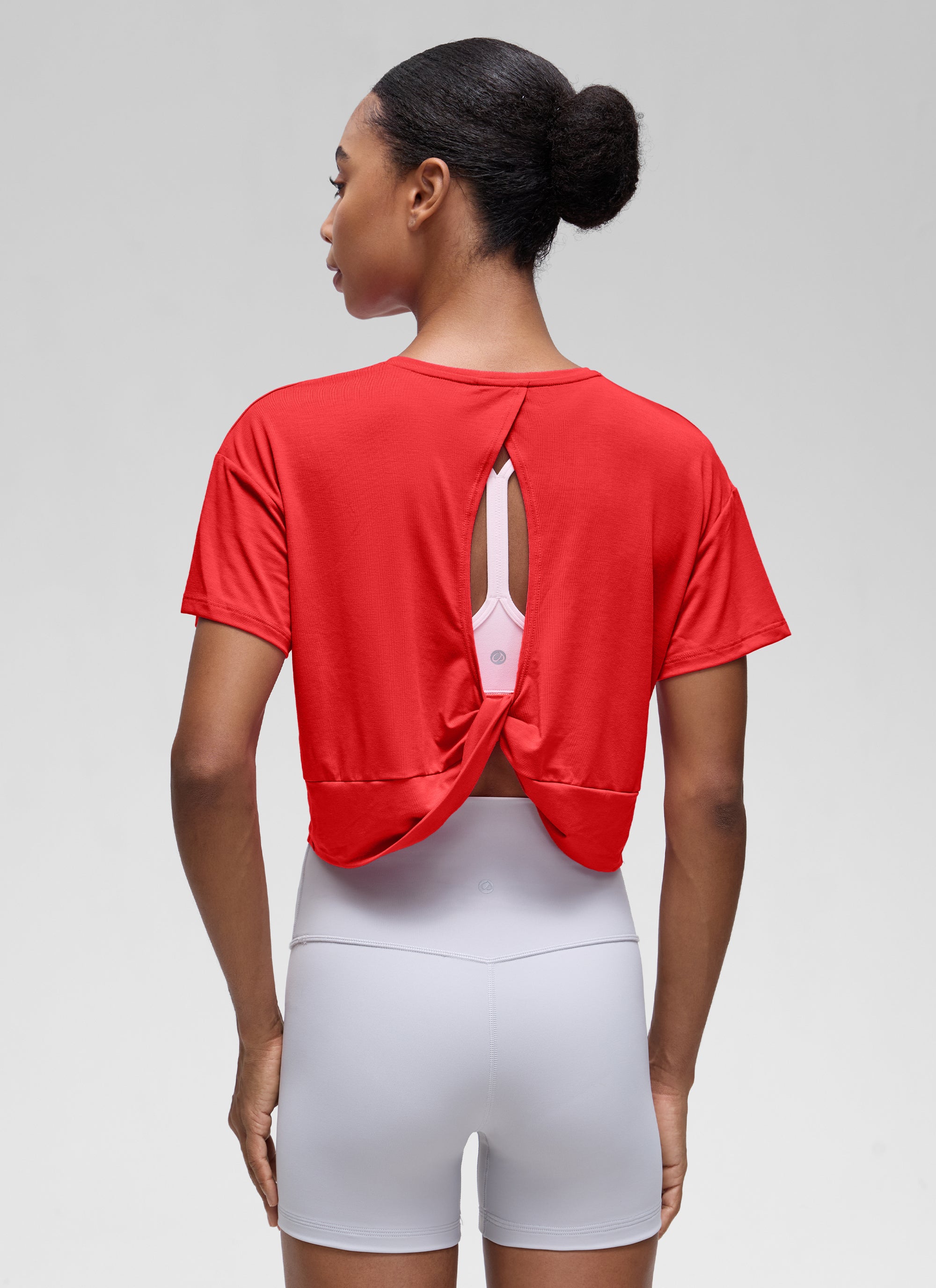 CRZ YOGA Women's Yoga Relaxed Fit Cropped Open Back Short Sleeves Deep Red