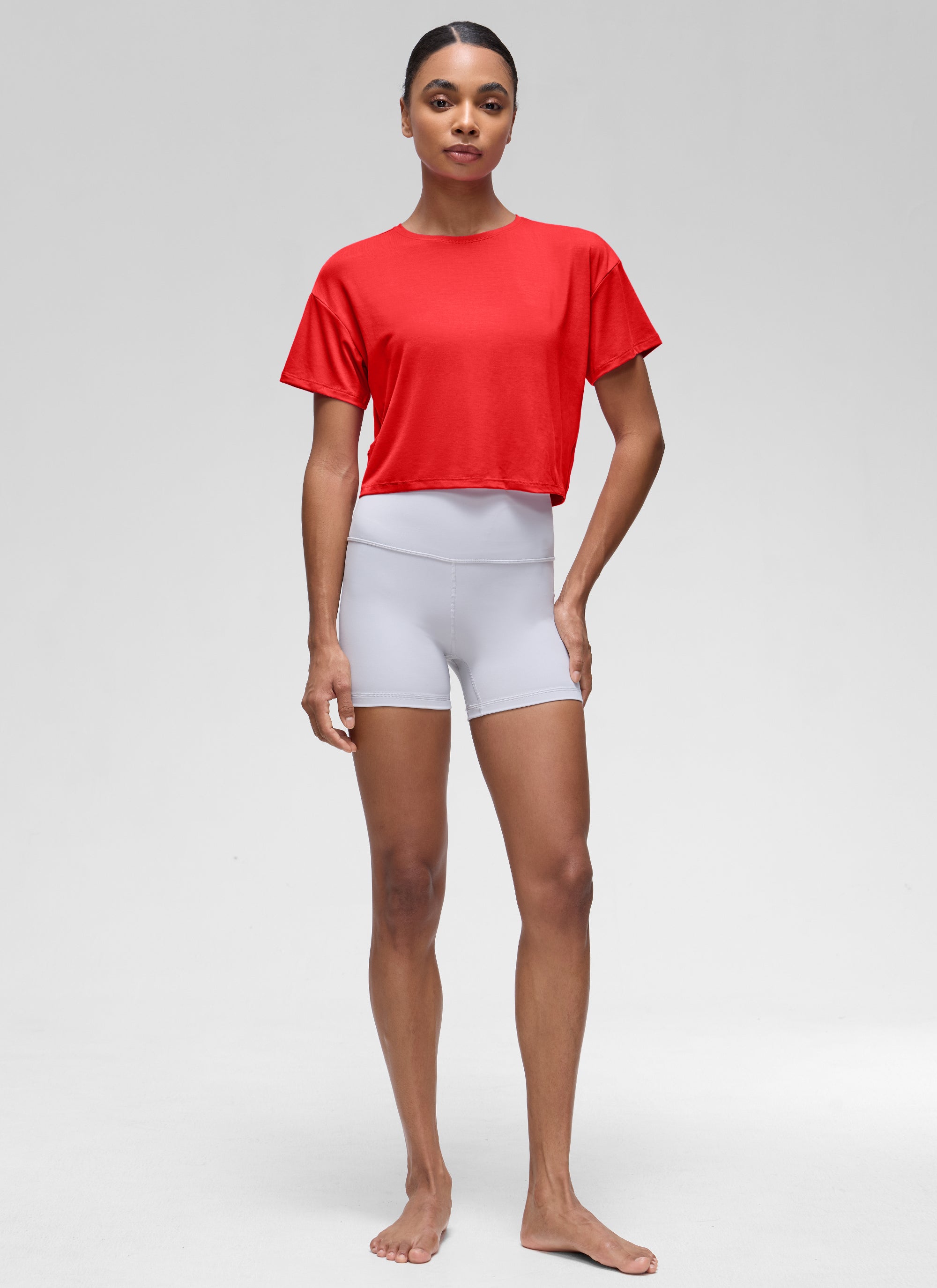 CRZ YOGA Women's Yoga Relaxed Fit Cropped Open Back Short Sleeves Deep Red