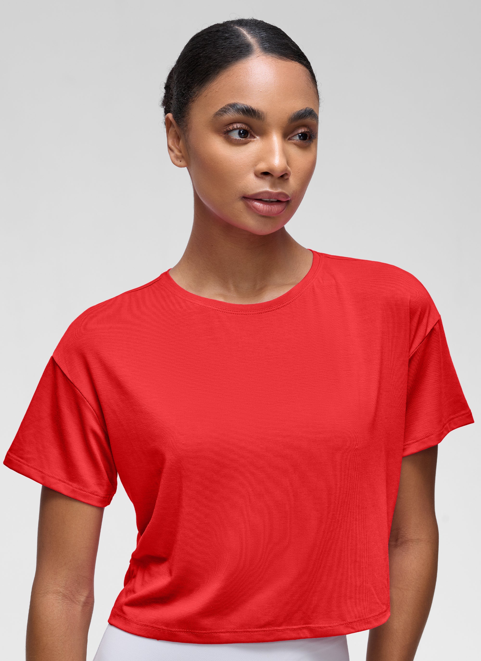 CRZ YOGA Women's Yoga Relaxed Fit Cropped Open Back Short Sleeves Deep Red