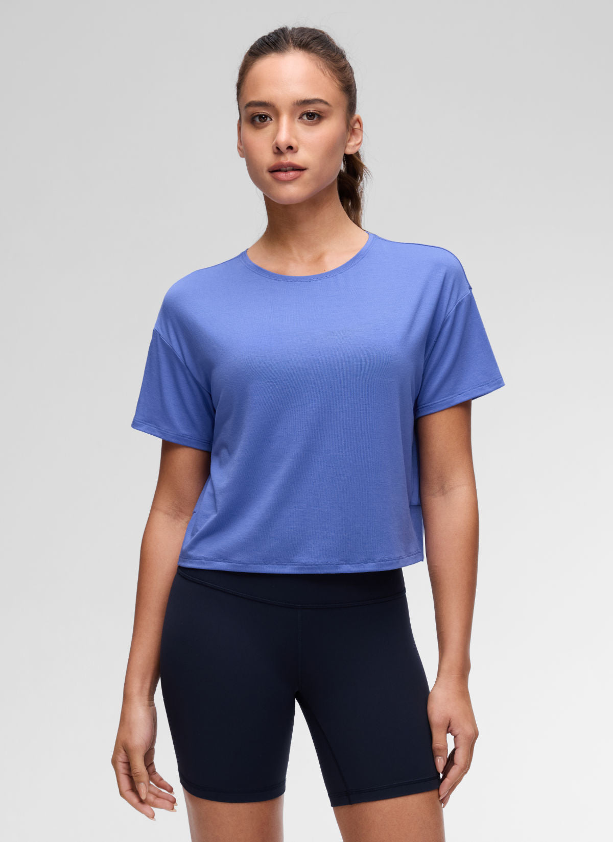 CRZ YOGA Women's Yoga Relaxed Fit Cropped Open Back Short Sleeves Wild Indigo