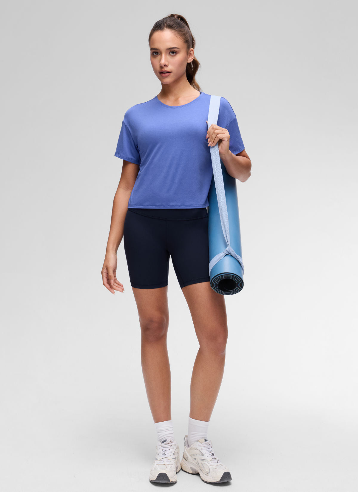 CRZ YOGA Women's Yoga Relaxed Fit Cropped Open Back Short Sleeves Wild Indigo